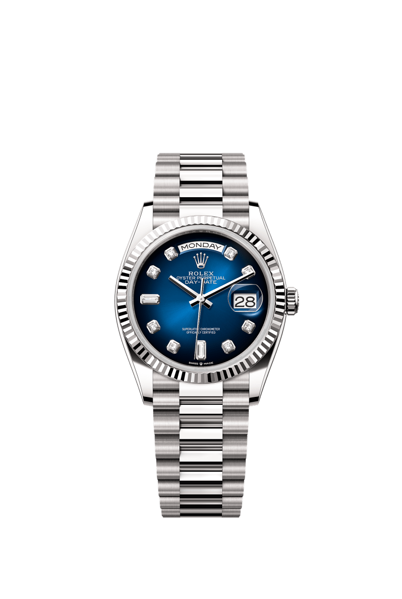 ROLEX DAY-DATE 36MM WHITE GOLD BLUE OMBRE DIAMOND DIAL FLUTED BEZEL PRESIDENT BRACELET 128239