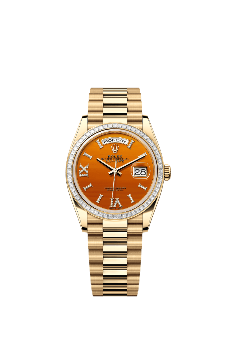 ROLEX DAY-DATE 36MM YELLOW GOLD CARNELIAN ROMAN DIAMOND DIAL TRAPEZE DIAMOND BEZEL PRESIDENT BRACELET 128398TBR