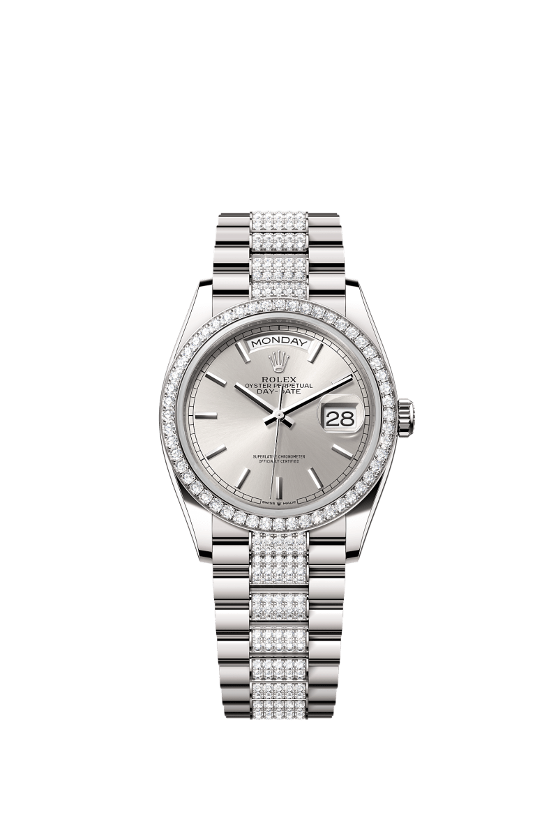 ROLEX DAY-DATE 36MM WHITE GOLD SILVER INDEX DIAL DIAMOND BEZEL DIAMOND-SET PRESIDENT BRACELET 128349RBR