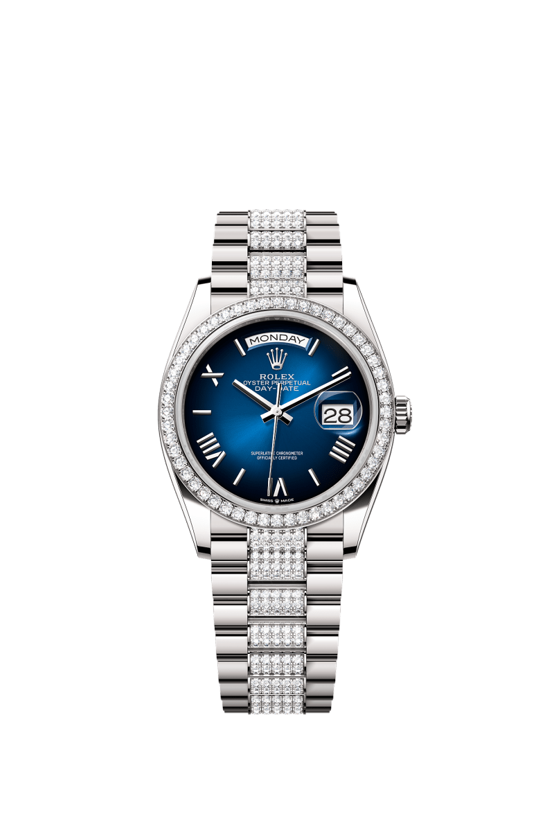 ROLEX DAY-DATE 36MM WHITE GOLD BLUE ROMAN OMBRE DIAL DIAMOND BEZEL DIAMOND-SET PRESIDENT BRACELET 128349RBR