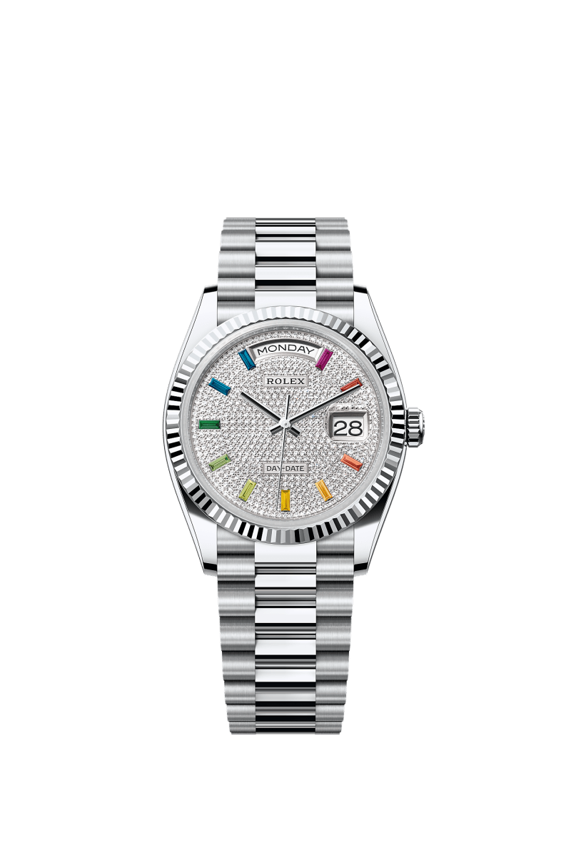 ROLEX DAY-DATE 36MM PLATINUM RAINBOW DIAMOND PAVE DIAL FLUTED BEZEL PRESIDENT BRACELET 128236