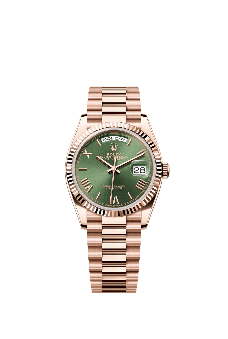 ROLEX DAY-DATE 36MM EVEROSE GOLD OLIVE GREEN ROMAN DIAL FLUTED BEZEL PRESIDENT BRACELET 128235