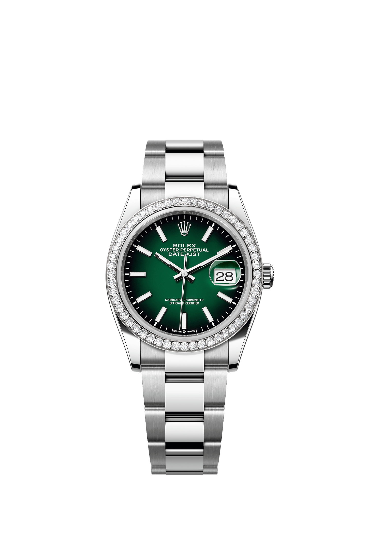 ROLEX DATEJUST 36MM GREEN OMBRE INDEX DIAL DIAMOND BEZEL OYSTER BRACELET 126284RBR