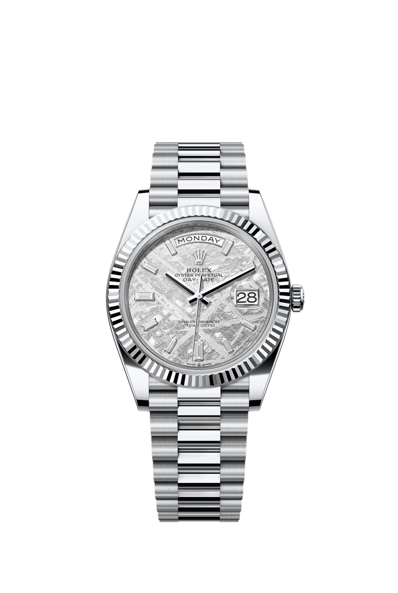 ROLEX DAY-DATE 40MM PLATINUM METEORITE DIAMOND BAGUETTE DIAL FLUTED BEZEL PRESIDENT BRACELET 228236