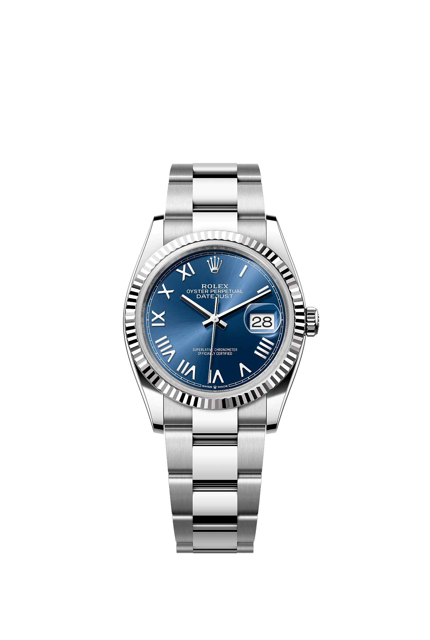 ROLEX DATEJUST 36 BRIGHT BLUE ROMAN DIAL FLUTED BEZEL OYSTER BRACELET 126234