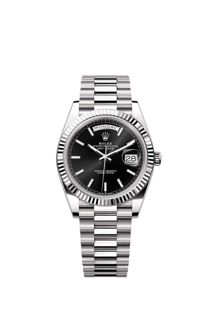 ROLEX DAY-DATE 40MM WHITE GOLD BLACK INDEX DIAL FLUTED BEZEL PRESIDENT BRACELET 228239