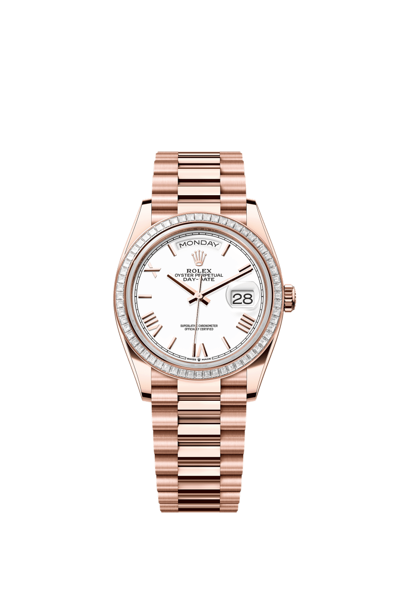 ROLEX DAY-DATE 36MM EVEROSE GOLD WHITE ROMAN DIAL TRAPEZE DIAMOND BEZEL PRESIDENT BRACELET 128395TBR