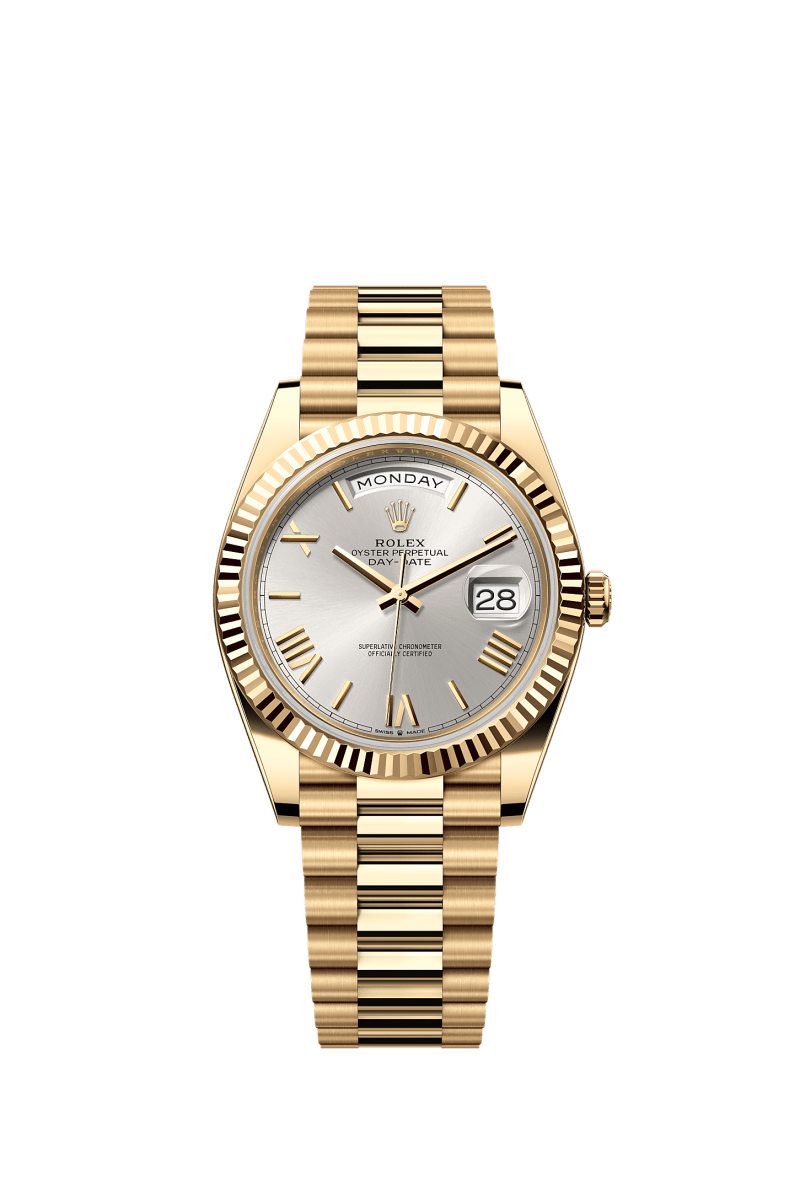 ROLEX DAY-DATE 40MM YELLOW GOLD SILVER ROMAN DIAL FLUTED BEZEL PRESIDENT BRACELET 228238
