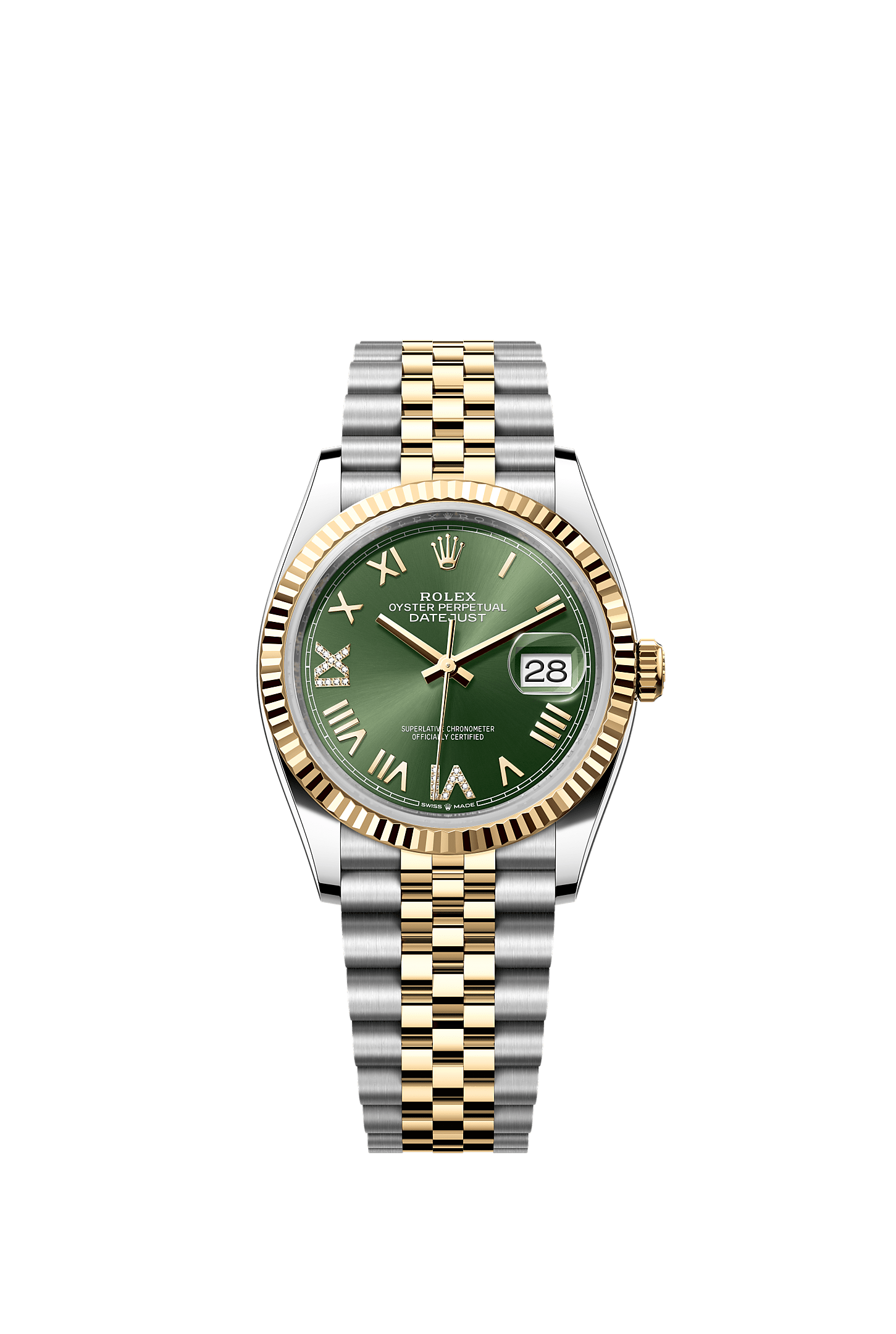 ROLEX DATEJUST 36MM TWO-TONE YELLOW GOLD OLIVE ROMAN DIAMOND DIAL FLUTED BEZEL JUBILEE BRACELET 126233