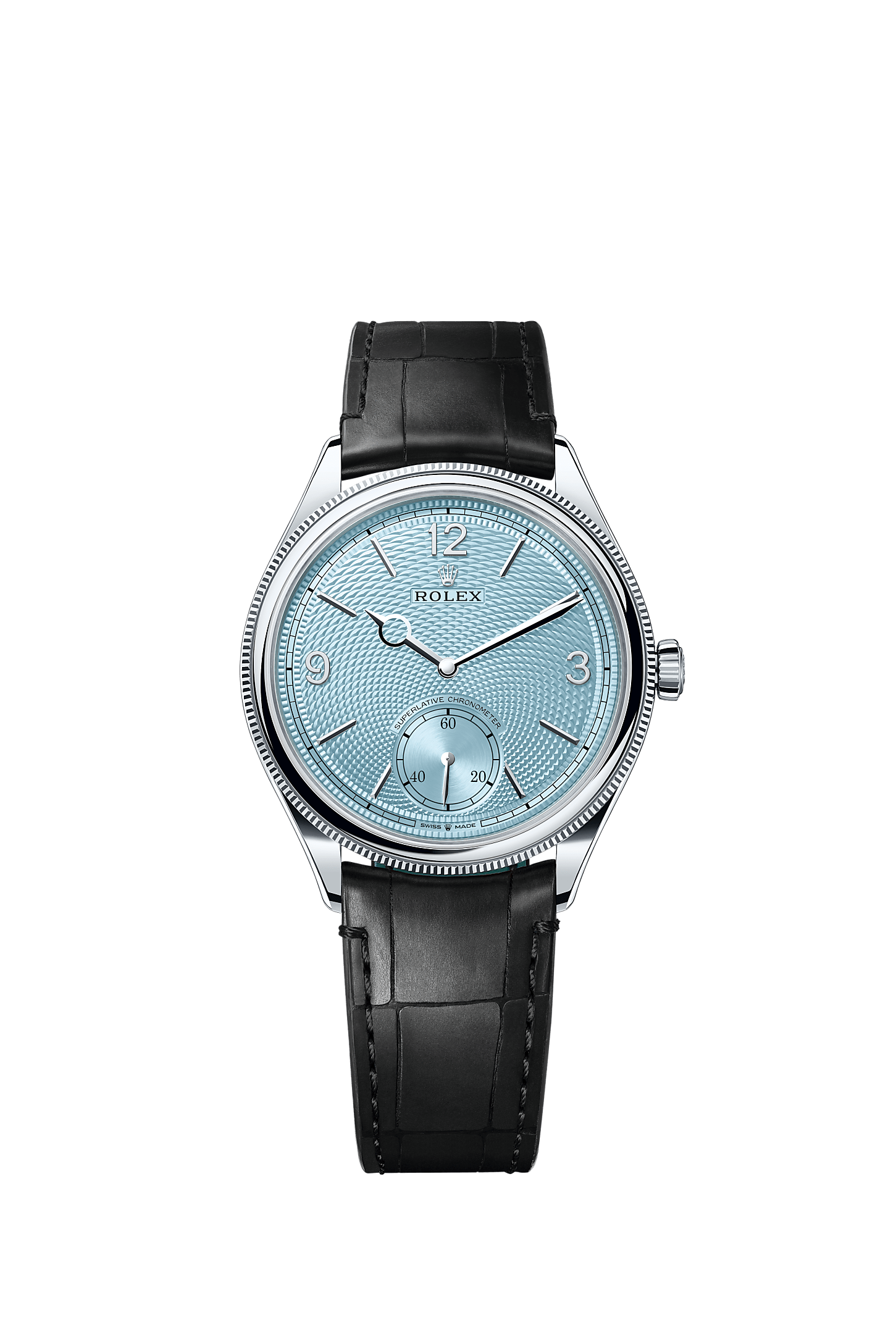 ROLEX 1908 PLATINUM ICE BLUE DIAL BLACK ALLIGATOR STRAP 52506