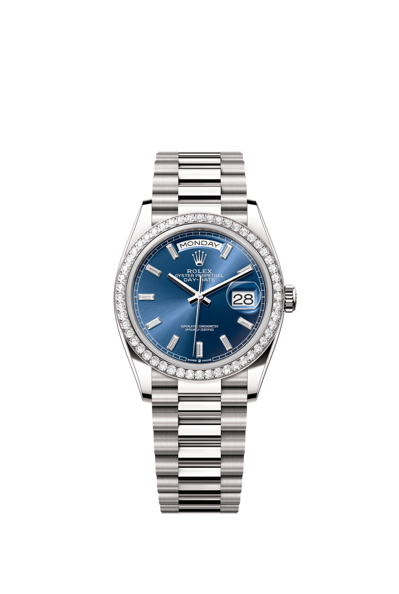 ROLEX DAY-DATE 36MM WHITE GOLD BLUE DIAMOND BAGUETTE DIAL DIAMOND BEZEL PRESIDENT BRACELET 128349RBR