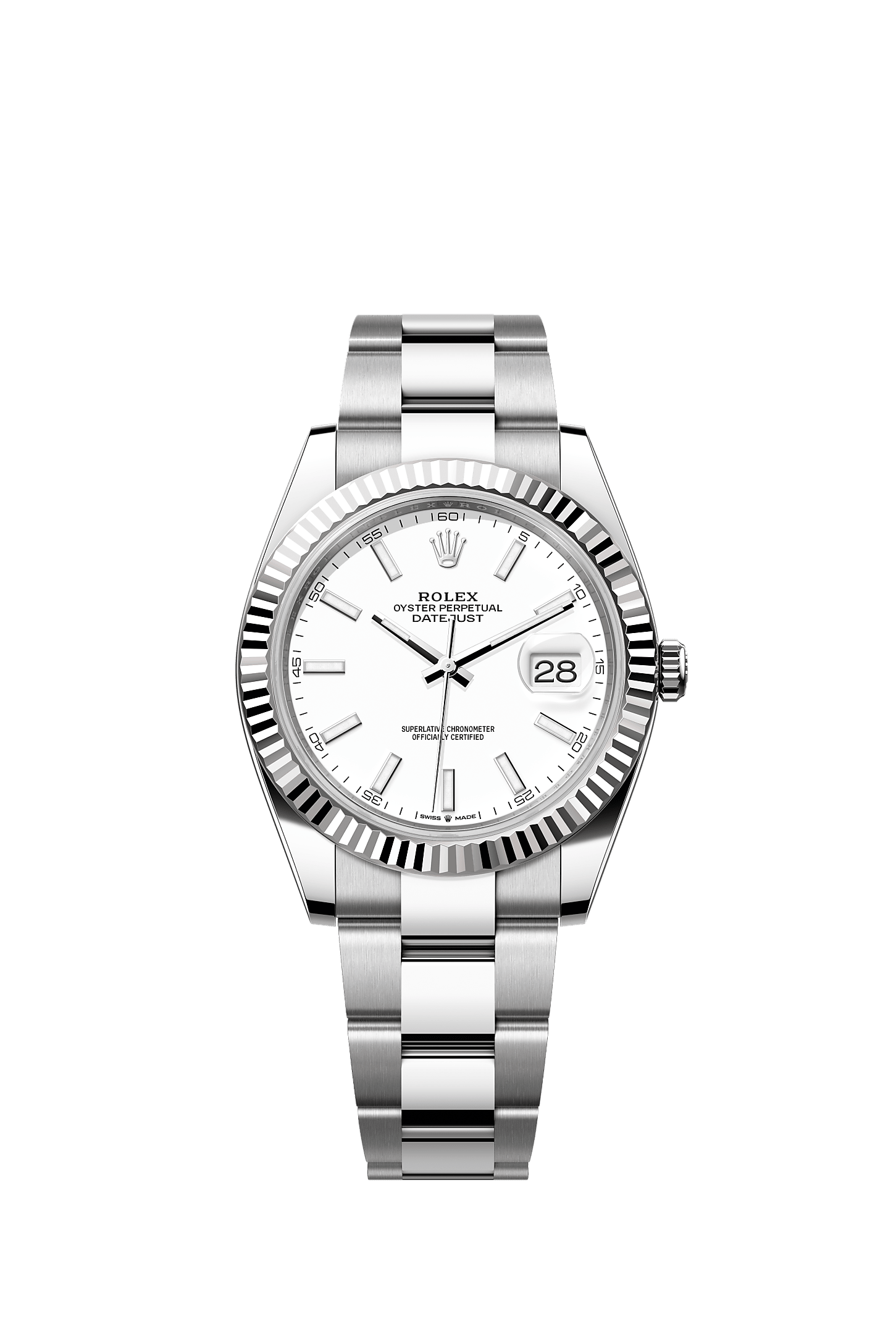 ROLEX DATEJUST 41MM WHITE INDEX DIAL FLUTED BEZEL OYSTER BRACELET 126334