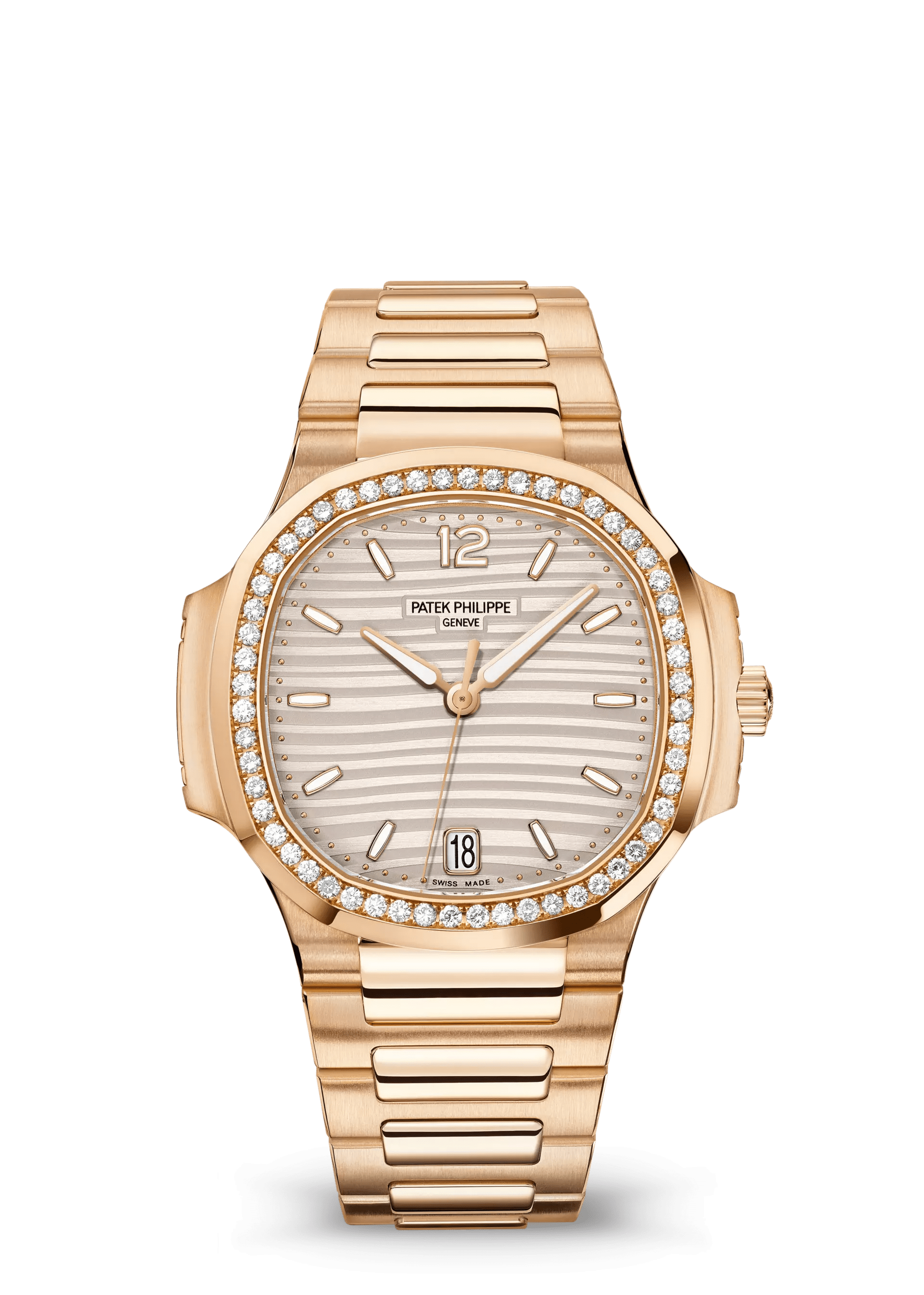 PATEK PHILIPPE NAUTILUS LADIES 35.2MM ROSE GOLD SILVERY OPALINE DIAL DIAMOND BEZEL – 7118/1200R-001