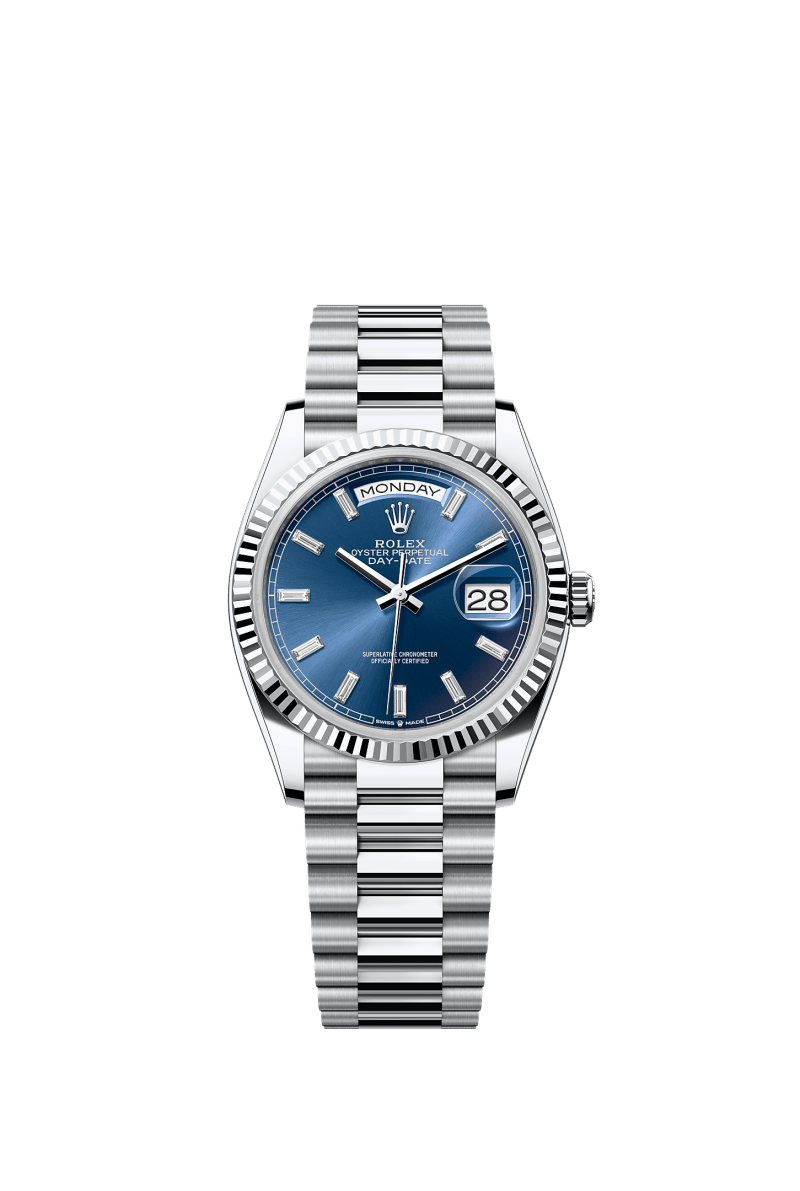 ROLEX DAY-DATE 36MM PLATINUM BLUE DIAMOND BAGUETTE DIAL FLUTED BEZEL PRESIDENT BRACELET 128236