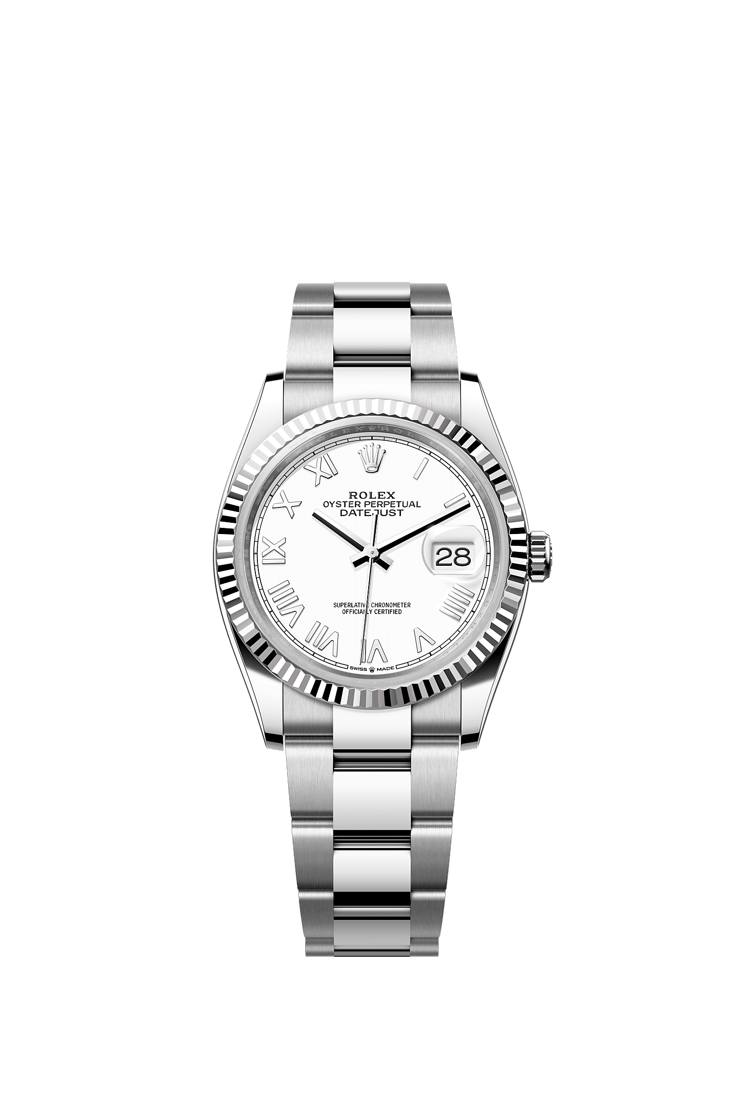 ROLEX DATEJUST 36 WHITE ROMAN DIAL FLUTED BEZEL OYSTER BRACELET 126234