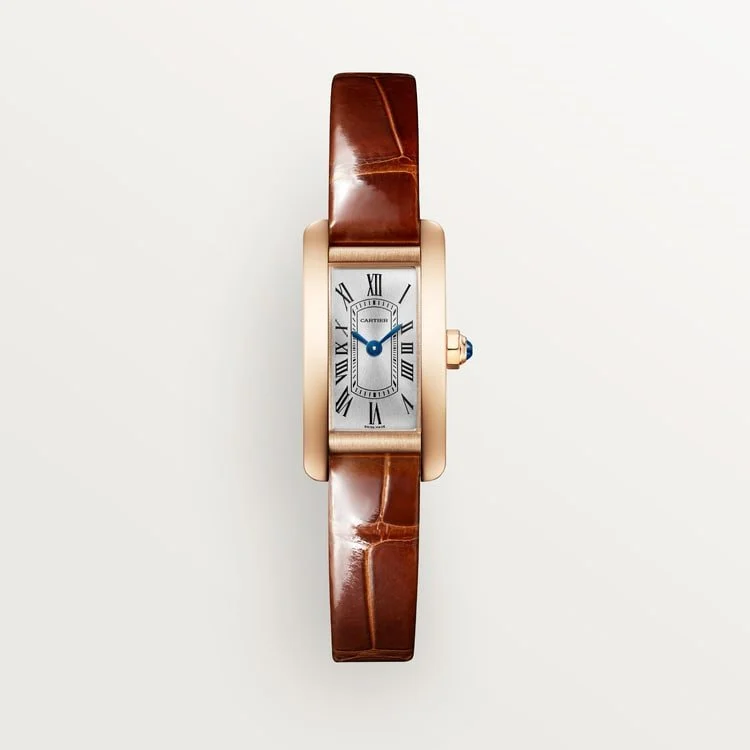 CARTIER TANK AMERICAINE 18K ROSE GOLD SILVERED SUNRAY DIAL BROWN ALLIGATOR STRAP WGTA0341