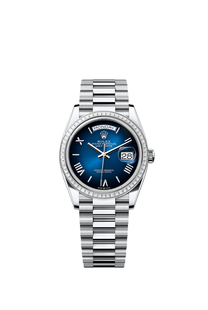 ROLEX DAY-DATE 36MM PLATINUM BLUE OMBRE ROMAN DIAL TRAPEZE DIAMOND BEZEL PRESIDENT BRACELET 128396TBR