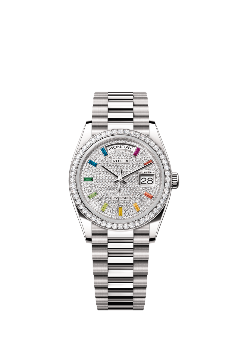 ROLEX DAY-DATE 36MM WHITE GOLD RAINBOW DIAMOND PAVE DIAL DIAMOND BEZEL PRESIDENT BRACELET 128349RBR