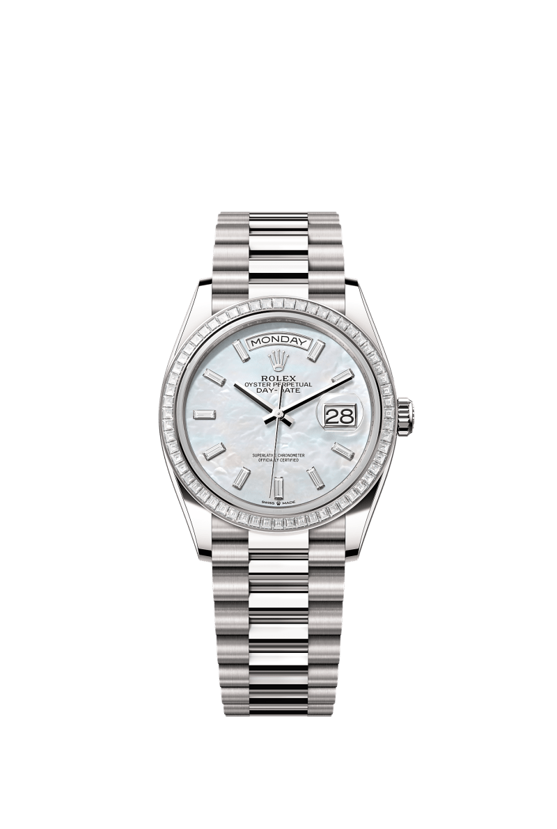 ROLEX DAY-DATE 36MM WHITE GOLD MOTHER OF PEARL DIAMOND BAGUETTE DIAL TRAPEZE DIAMOND BEZEL PRESIDENT BRACELET 128399TBR