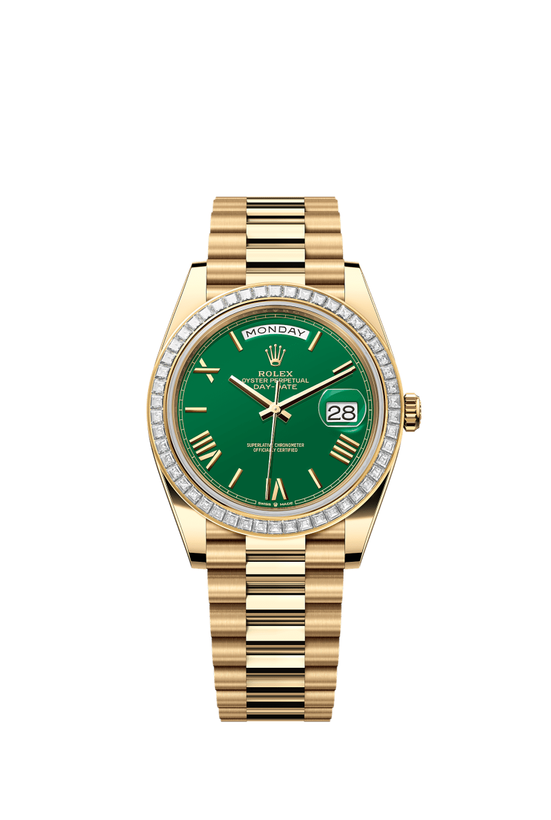 ROLEX DAY-DATE 40MM YELLOW GOLD GREEN ROMAN DIAL TRAPEZE DIAMOND BEZEL PRESIDENT BRACELET 228398TBR