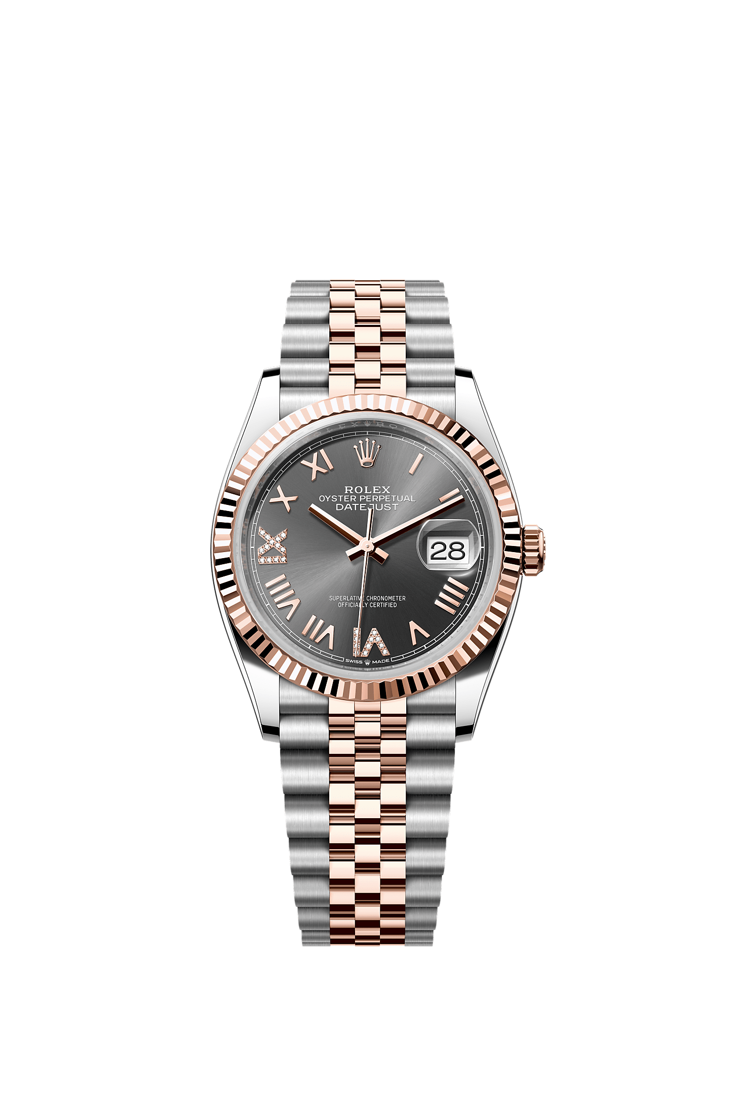 ROLEX DATEJUST 36MM TWO-TONE EVEROSE GOLD SLATE GREY ROMAN DIAL FLUTED BEZEL JUBILEE BRACELET 126231