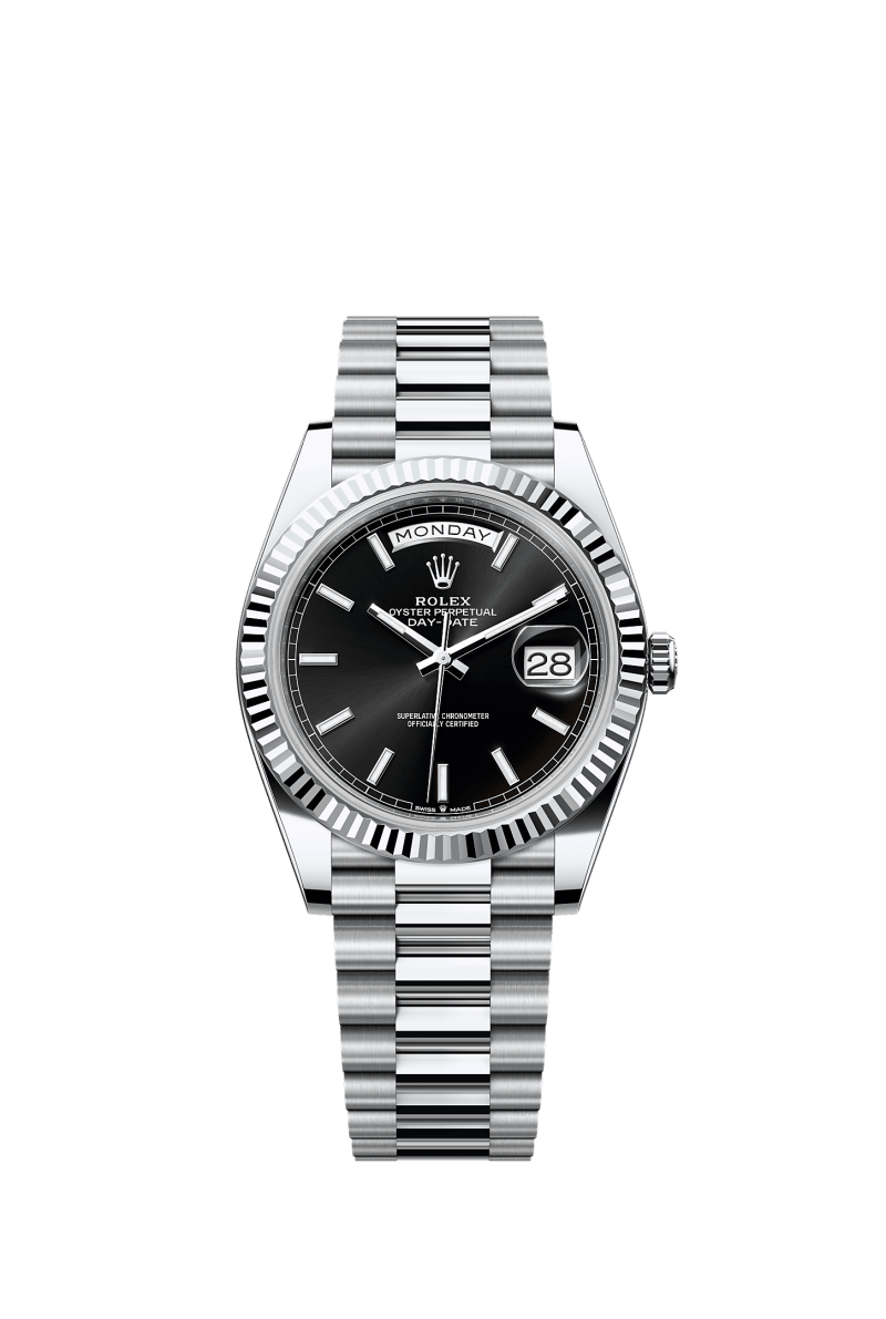 ROLEX DAY-DATE 40MM PLATINUM BLACK INDEX DIAL FLUTED BEZEL PRESIDENT BRACELET 228236