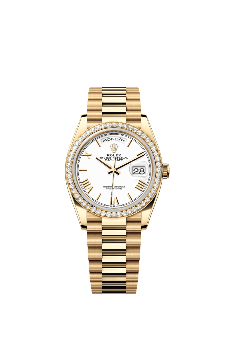 ROLEX DAY-DATE 36MM YELLOW GOLD WHITE ROMAN DIAL DIAMOND BEZEL PRESIDENT BRACELET 128348RBR