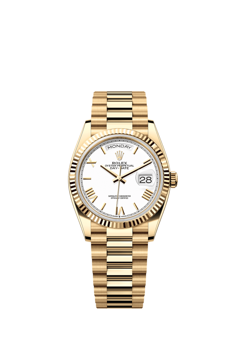 ROLEX DAY-DATE 36MM YELLOW GOLD WHITE ROMAN DIAL FLUTED BEZEL PRESIDENT BRACELET 128238