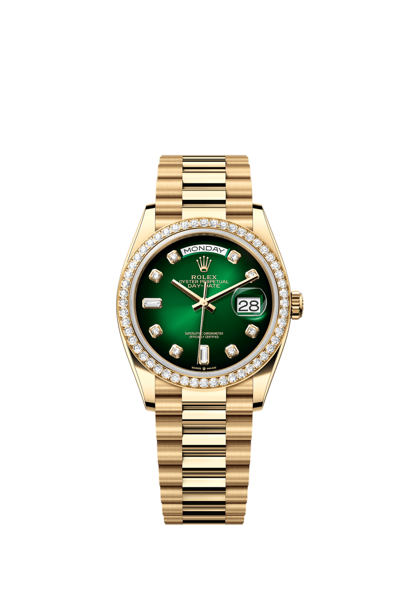 ROLEX DAY-DATE 36MM YELLOW GOLD GREEN OMBRE DIAMOND DIAL DIAMOND BEZEL PRESIDENT BRACELET 128348RBR