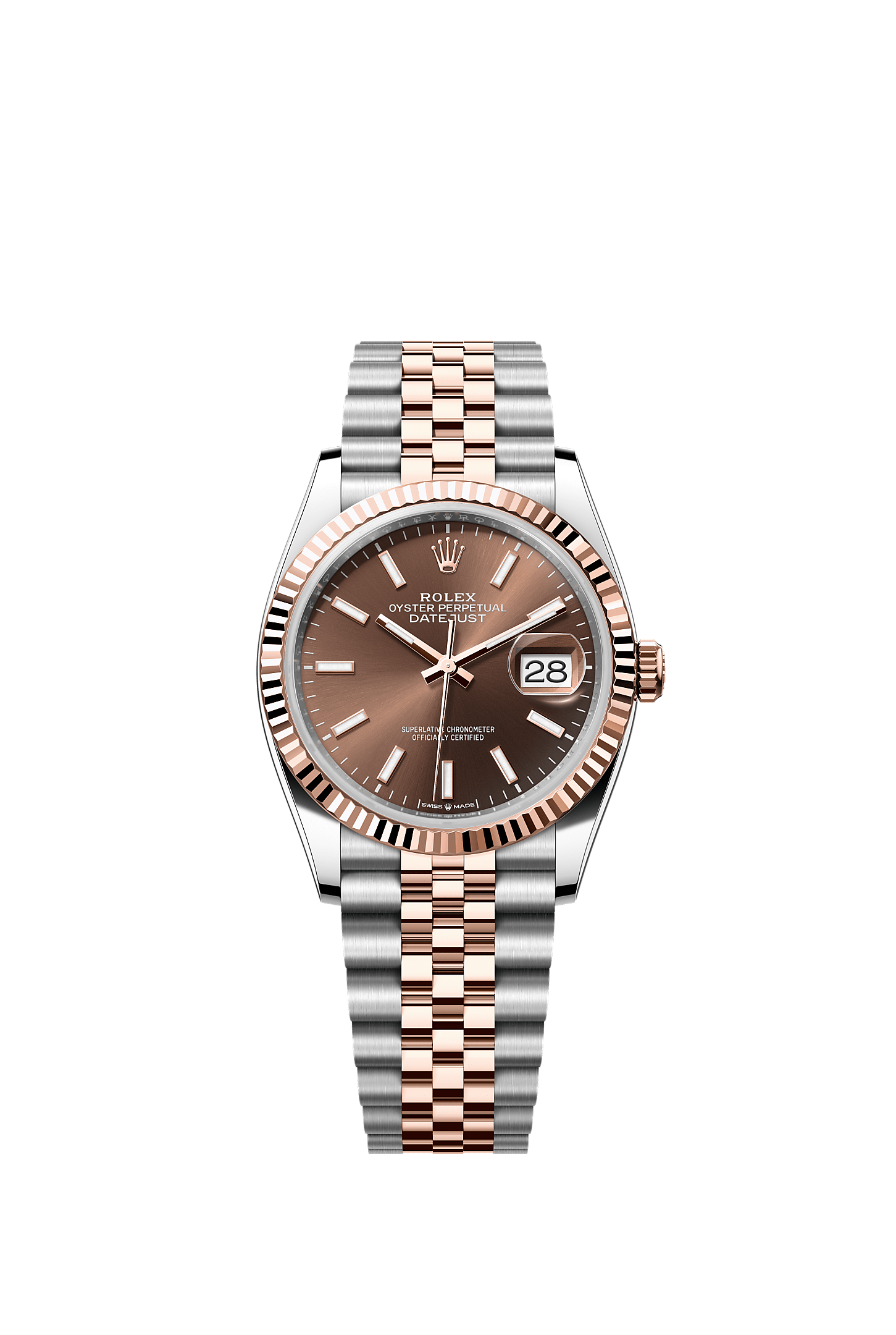 ROLEX DATEJUST 36MM TWO-TONE EVEROSE GOLD CHOCOLATE INDEX DIAL FLUTED BEZEL JUBILEE BRACELET 126231