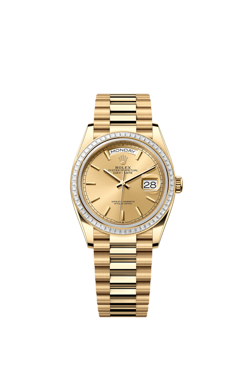 ROLEX DAY-DATE 36MM YELLOW GOLD CHAMPAGNE INDEX DIAL TRAPEZE DIAMOND BEZEL PRESIDENT BRACELET 128398TBR