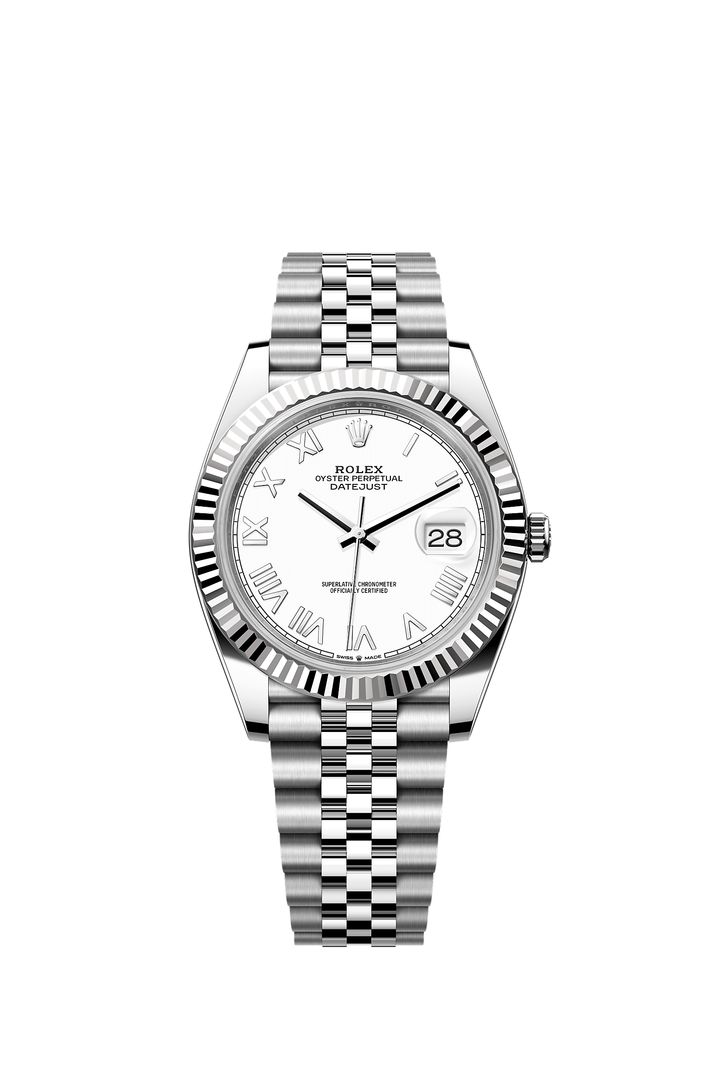 ROLEX DATEJUST 41MM WHITE ROMAN DIAL FLUTED BEZEL JUBILEE BRACELET 126334