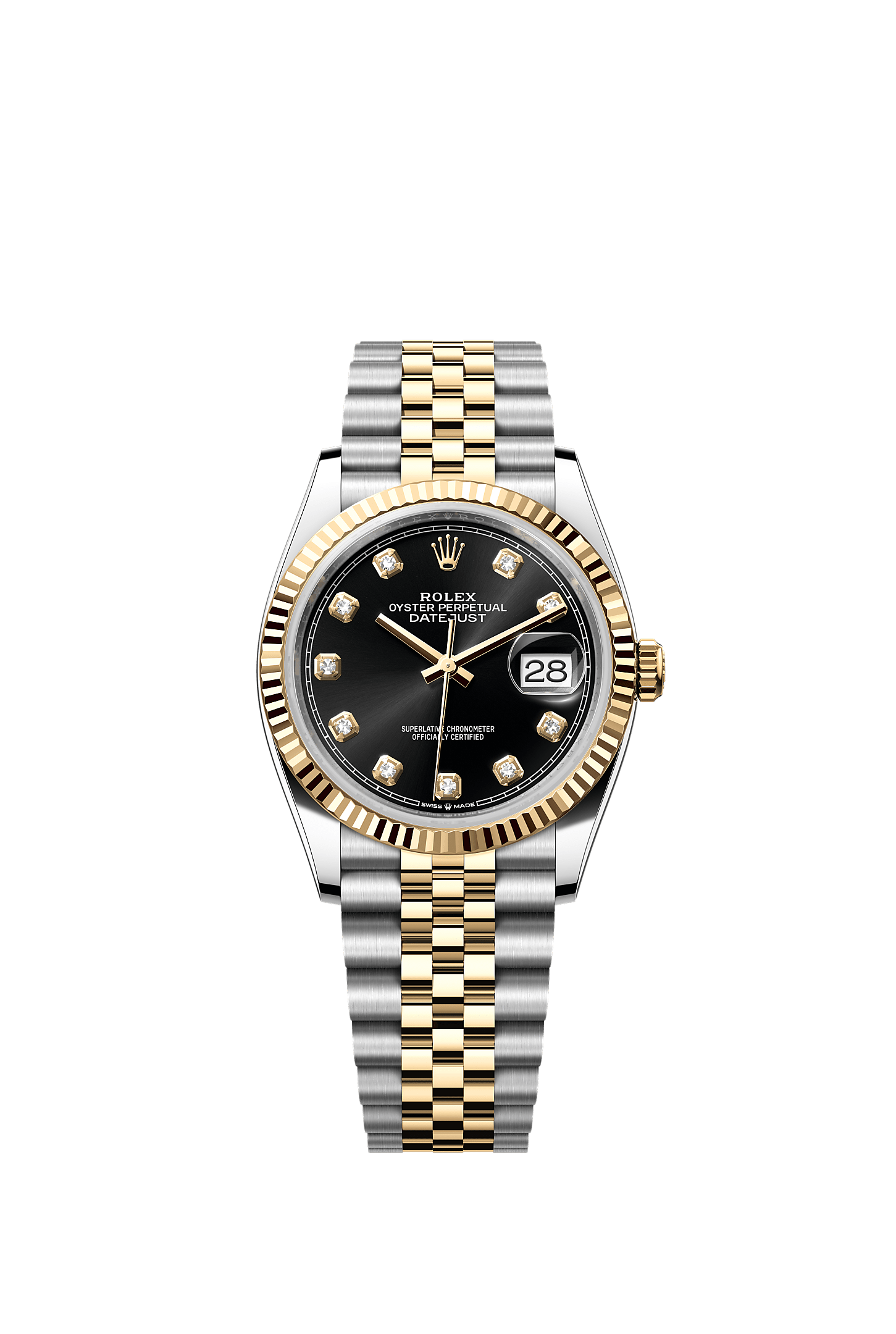 ROLEX DATEJUST 36MM TWO-TONE YELLOW GOLD BLACK DIAMOND DIAL FLUTED BEZEL JUBILEE BRACELET 126233
