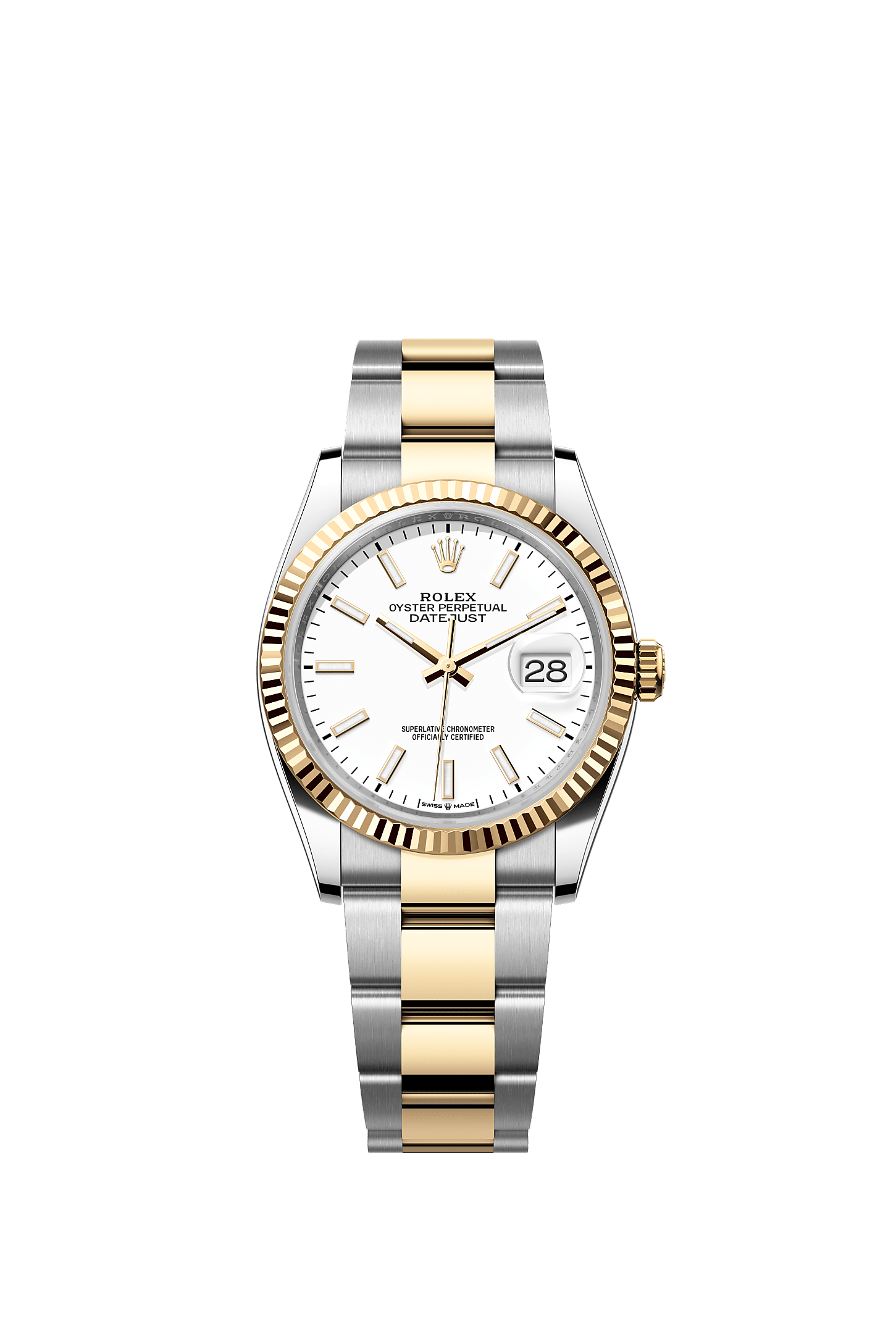 ROLEX DATEJUST 36MM TWO-TONE YELLOW GOLD WHITE INDEX DIAL FLUTED BEZEL OYSTER BRACELET 126233