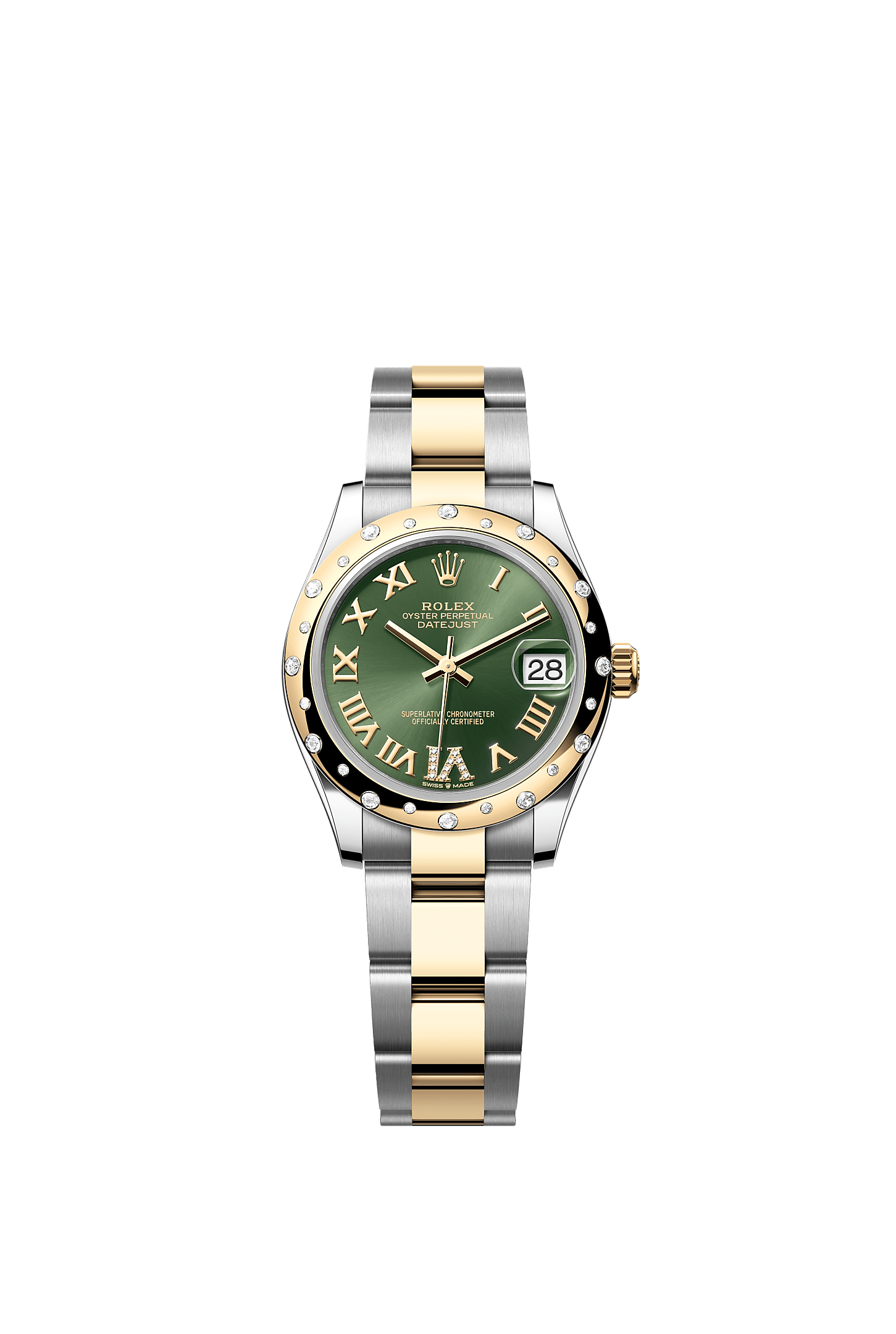 ROLEX LADY-DATEJUST 31MM TWO-TONE YELLOW GOLD GREEN ROMAN DIAMOND DIAL DIAMOND DOMED BEZEL OYSTER BRACELET 278343RBR