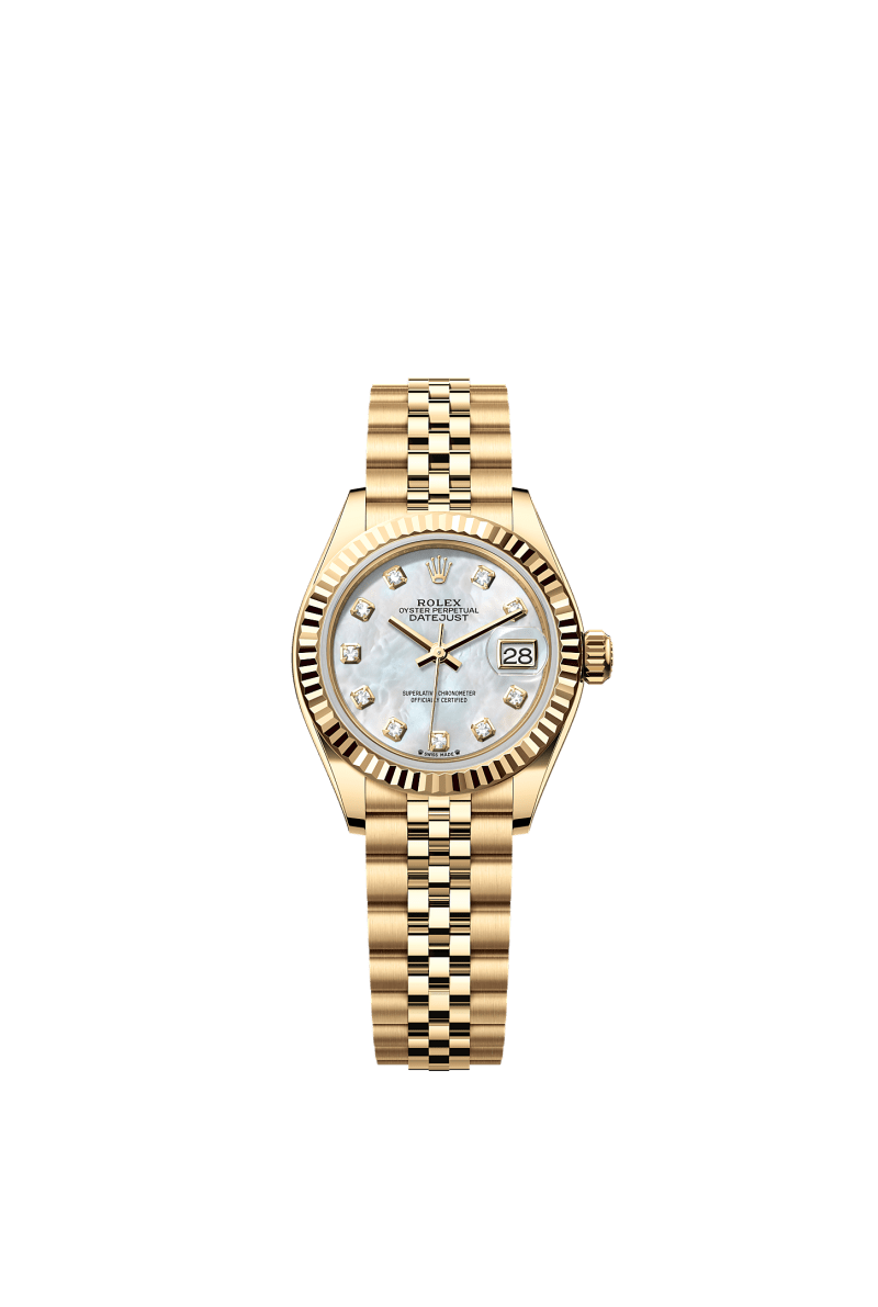 ROLEX LADY-DATEJUST 28MM YELLOW GOLD MOTHER OF PEARL DIAMOND DIAL FLUTED BEZEL JUBILEE BRACELET 279178