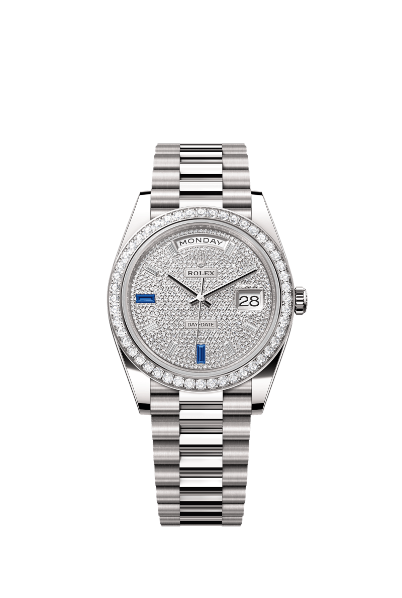 ROLEX DAY-DATE 40MM WHITE GOLD PAVE DIAMOND SAPPHIRE DIAL DIAMOND BEZEL PRESIDENT BRACELET 228349RBR