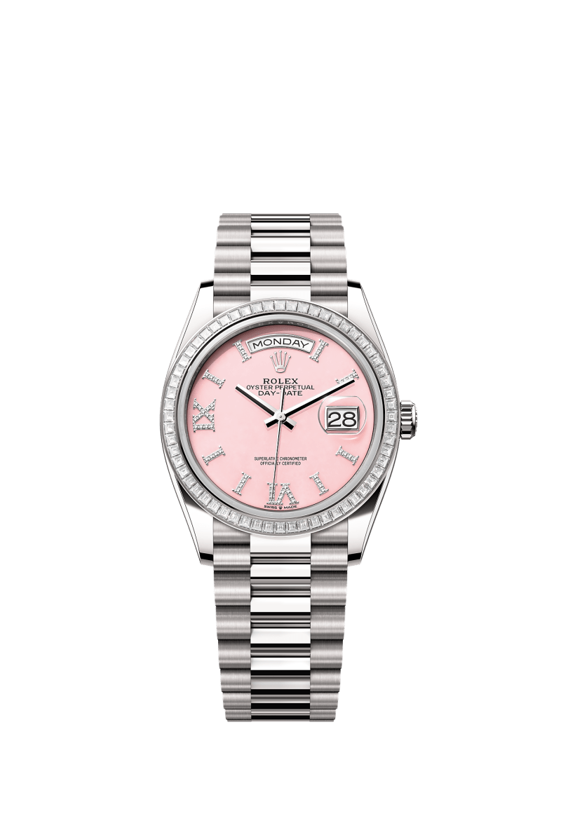 ROLEX DAY-DATE 36MM WHITE GOLD PINK ROMAN DIAMOND DIAL TRAPEZE DIAMOND BEZEL PRESIDENT BRACELET 128399TBR