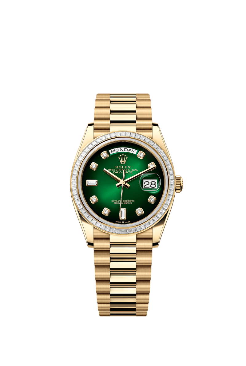 ROLEX DAY-DATE 36MM YELLOW GOLD GREEN OMBRE DIAMOND DIAL TRAPEZE DIAMOND BEZEL PRESIDENT BRACELET 128398TBR
