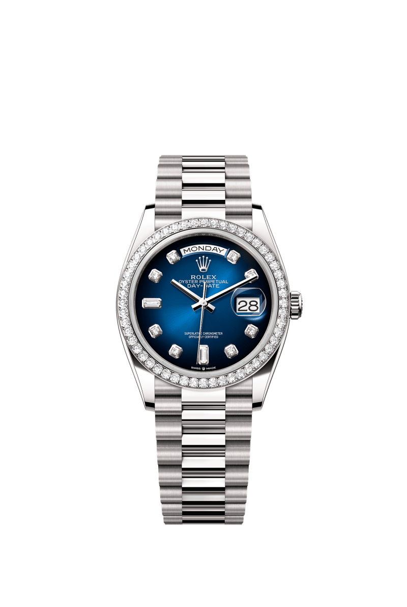 ROLEX DAY-DATE 36MM WHITE GOLD BLUE OMBRE DIAMOND DIAL DIAMOND BEZEL PRESIDENT BRACELET 128349RBR
