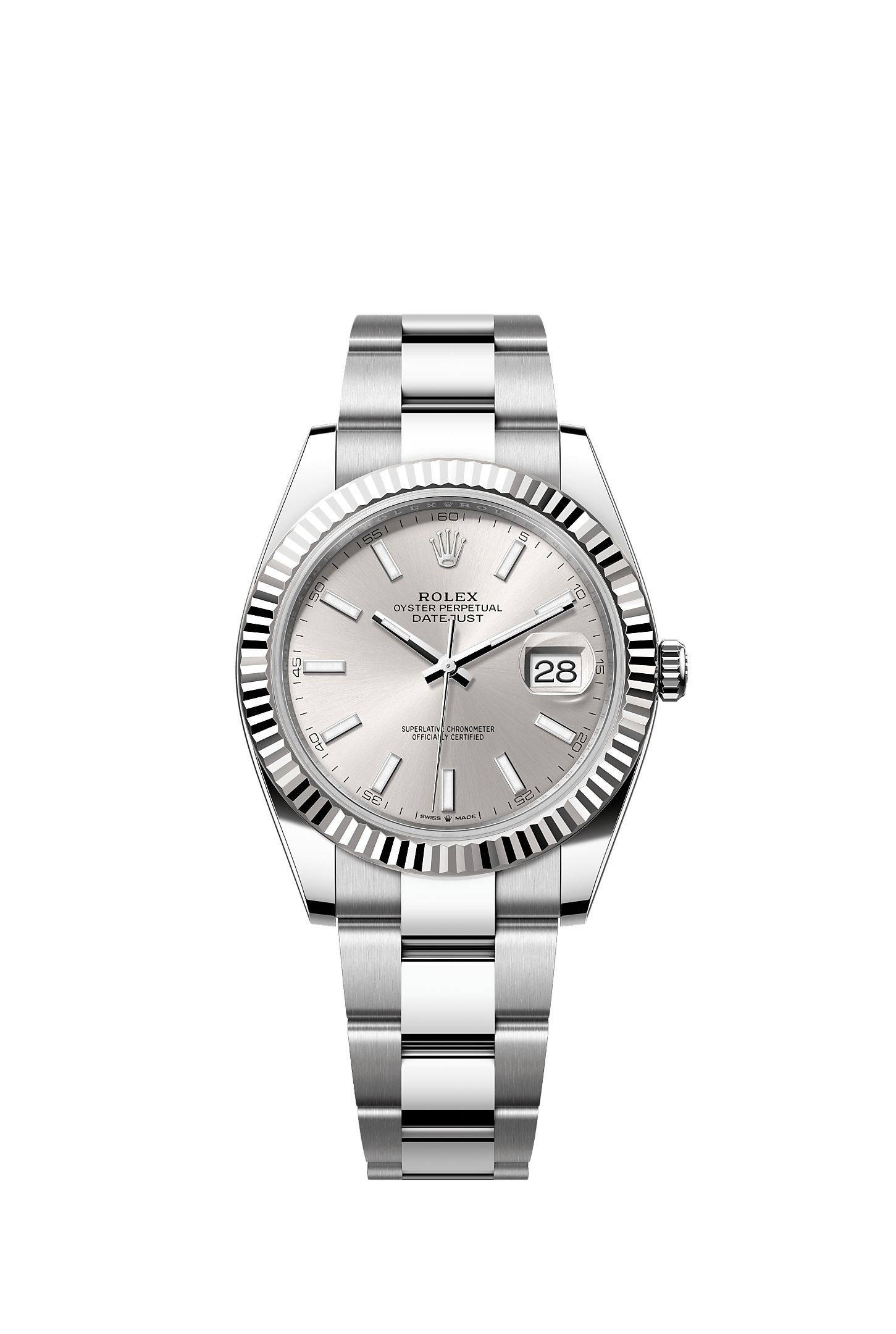 ROLEX DATEJUST 41MM SILVER INDEX DIAL FLUTED BEZEL OYSTER BRACELET 126334