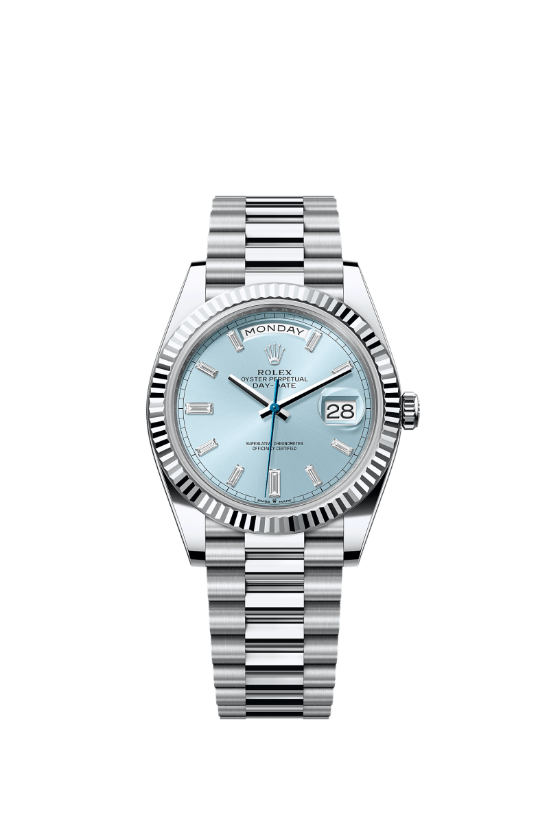 ROLEX DAY-DATE 40MM PLATINUM ICE BLUE BAGUETTE DIAL FLUTED BEZEL PRESIDENT BRACELET 228236