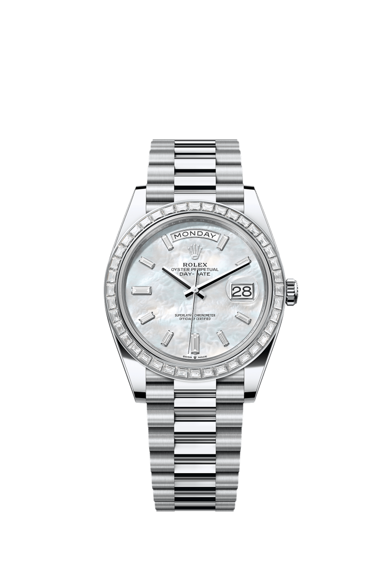 ROLEX DAY-DATE 40MM PLATINUM MOTHER OF PEARL DIAMOND BAGUETTE DIAL TRAPEZE DIAMOND BEZEL PRESIDENT BRACELET 228396TBR