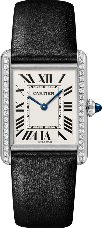 CARTIER TANK MUST STEEL DIAMOND BEZEL SILVERED DIAL BLACK LAMBSKIN STRAP W4TA0036