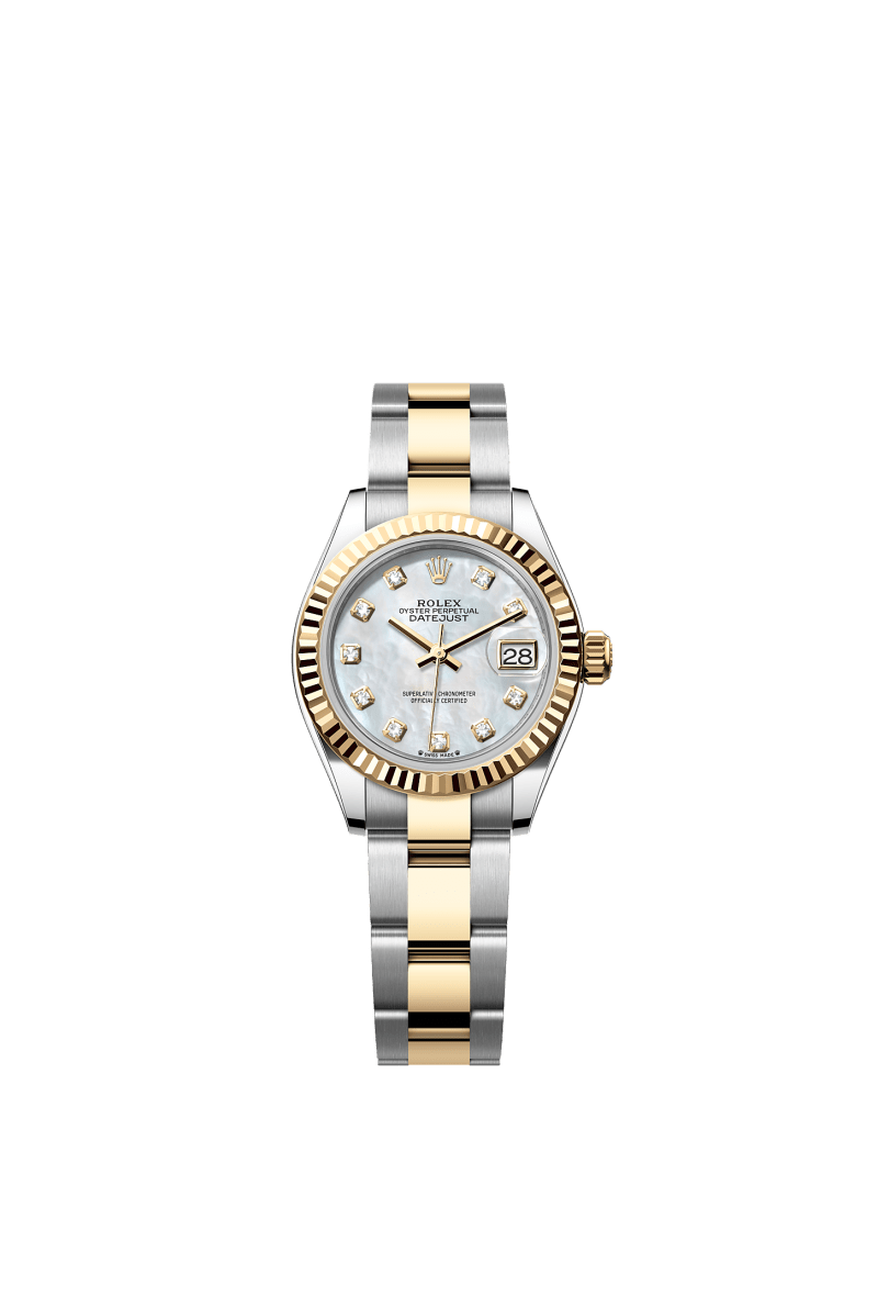 ROLEX LADY-DATEJUST 28MM TWO-TONE YELLOW GOLD MOTHER OF PEARL DIAMOND DIAL FLUTED BEZEL OYSTER BRACELET 279173