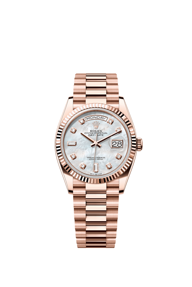 ROLEX DAY-DATE 36MM EVEROSE GOLD MOTHER OF PEARL DIAMOND DIAL FLUTED BEZEL PRESIDENT BRACELET 128235