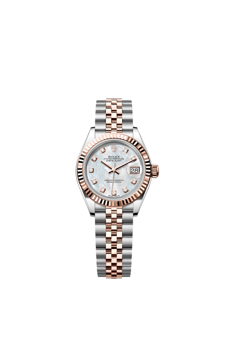 ROLEX LADY-DATEJUST 28MM TWO-TONE EVEROSE GOLD MOTHER OF PEARL DIAMOND DIAL FLUTED BEZEL JUBILEE BRACELET 279171