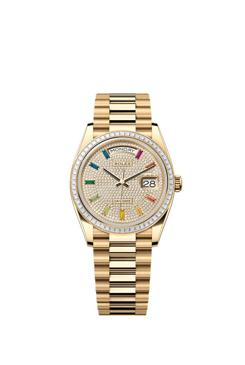 ROLEX DAY-DATE 36MM YELLOW GOLD RAINBOW DIAMOND PAVE DIAL TRAPEZE DIAMOND BEZEL PRESIDENT BRACELET 128398TBR
