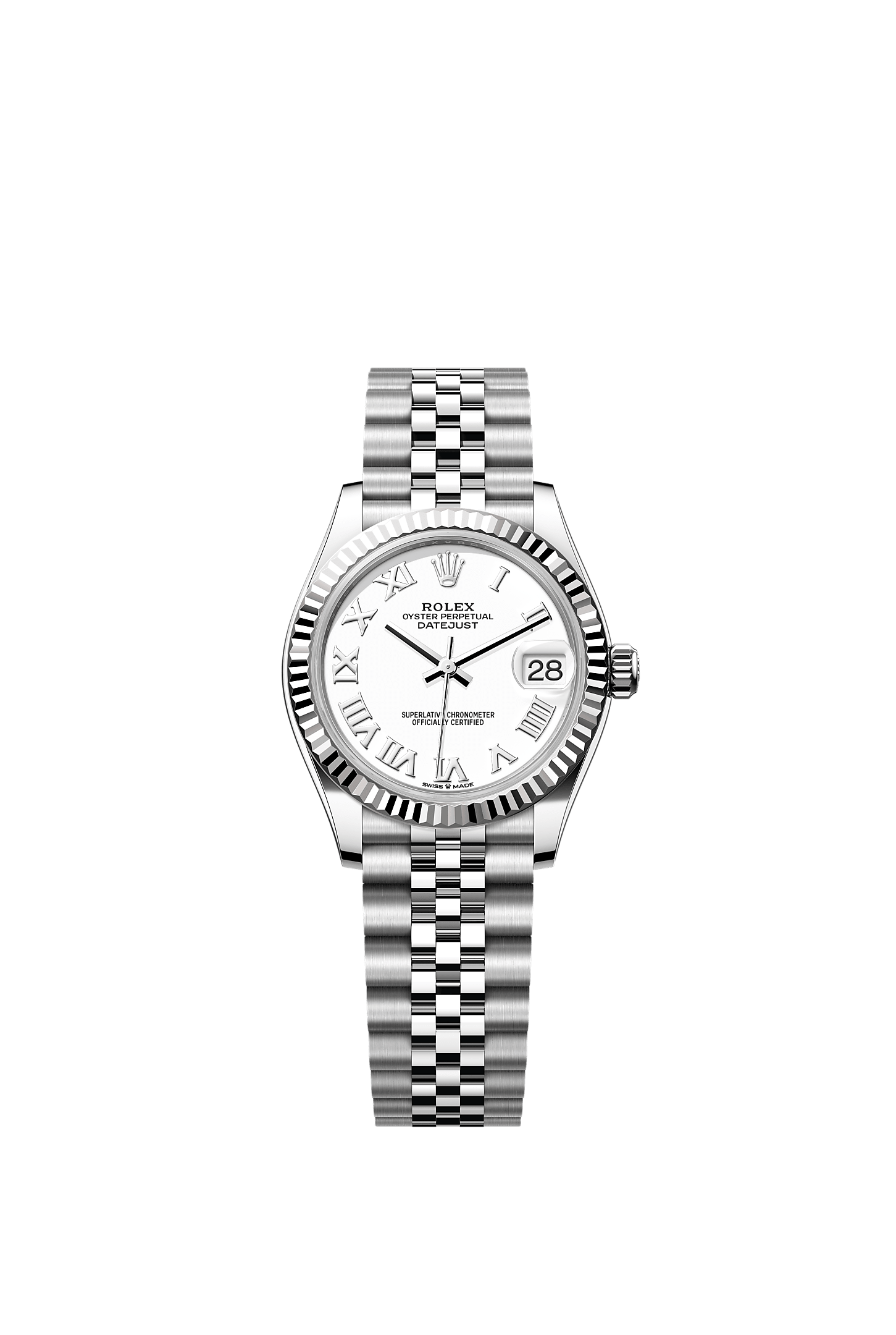 ROLEX LADY-DATEJUST 31MM WHITE ROMAN DIAL FLUTED BEZEL JUBILEE BRACELET 278274