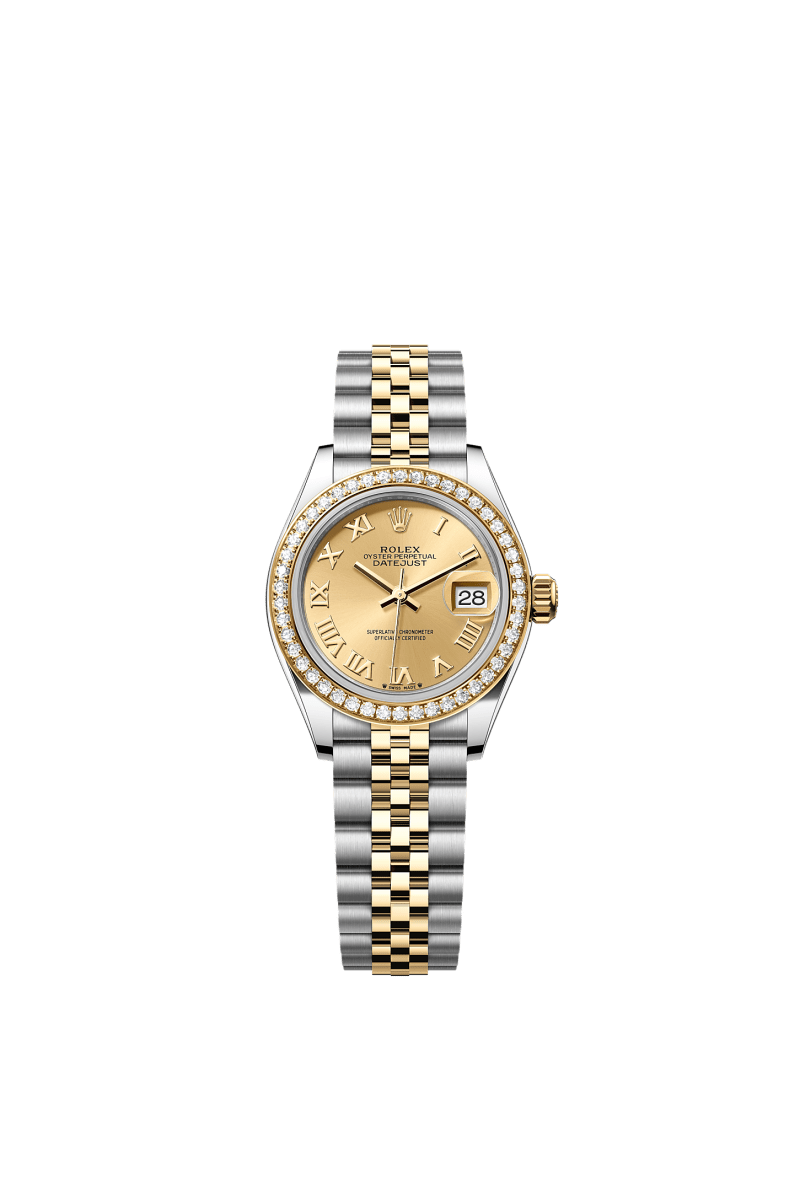 ROLEX LADY-DATEJUST 28MM TWO-TONE YELLOW GOLD CHAMPAGNE ROMAN DIAL DIAMOND-SET BEZEL JUBILEE BRACELET 279383RBR